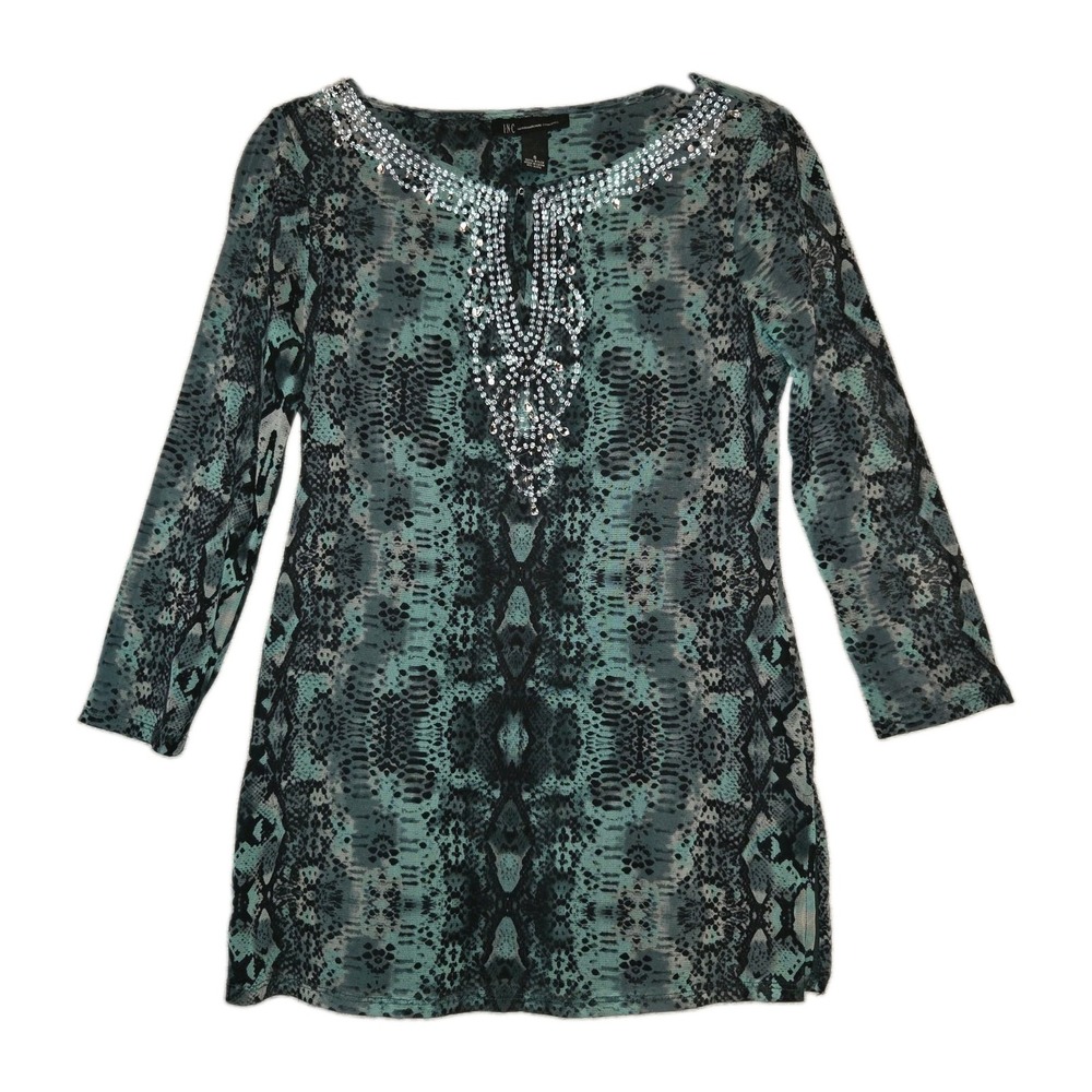 INC Tunic Blouse Womens Small Python Snake Print Top Beaded Sequined Rhinestones